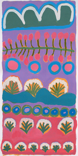 Australian Indigenous (Aboriginal and Torres Strait Islander) artwork by EILEEN MOORE of Tangentyere Artists. The title is Kaytetye Hills and Bush Tucker. [TAEM10C3974] (Acrylic on Canvas)