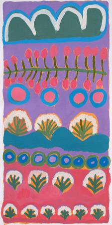 Australian Indigenous (Aboriginal and Torres Strait Islander) artwork by EILEEN MOORE of Tangentyere Artists. The title is Kaytetye Hills and Bush Tucker. [TAEM10C3974] (Acrylic on Canvas)