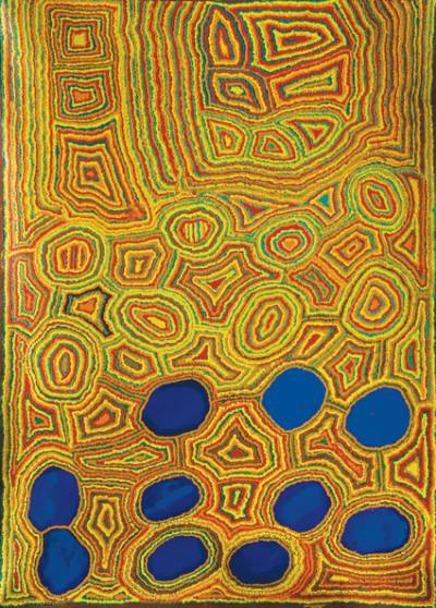 Australian Indigenous (Aboriginal and Torres Strait Islander) artwork by JANICE NIXON of Martumili Artists. The title is Kirriwirri. [08-838] (Acrylic on Canvas)