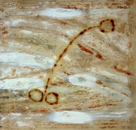 Australian Indigenous (Aboriginal and Torres Strait Islander) artwork by LINDSAY HARRIS of Miscellaneous Artists. The title is Kockerbin Biirt  (The waiting track). [01 - Kockerbin Biirt  (The waiting track)] (Pigment, Resin and Clay on Hemp)