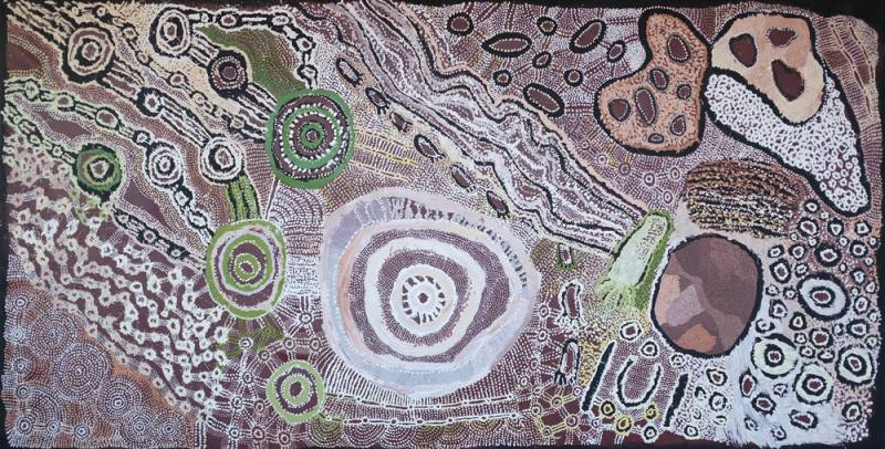 Australian Indigenous (Aboriginal and Torres Strait Islander) artwork by WATARRU (COLLABORATIVE) of Tjungu Palya Artists. The title is Kuka Mamu. [19-012] (Synthetic Polymer on Linen)