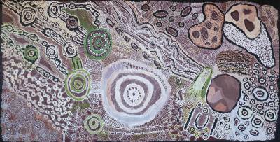 Australian Indigenous (Aboriginal and Torres Strait Islander) artwork by WATARRU (COLLABORATIVE) of Tjungu Palya Artists. The title is Kuka Mamu. [19-012] (Synthetic Polymer on Linen)
