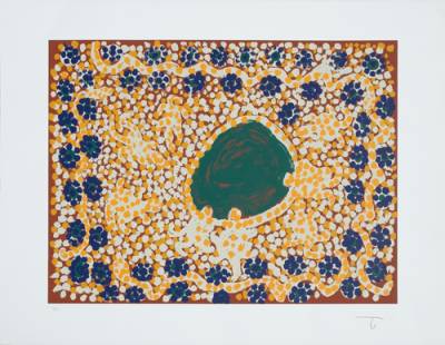 Australian Indigenous (Aboriginal and Torres Strait Islander) artwork by TIGER PALPATJA of Tjungu Palya Artists. The title is Kuka Tjuta – Plenty Food to Cook. [390-07-1/20] (Silkscreen Print)