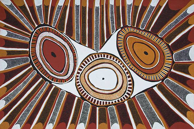 Australian Indigenous (Aboriginal and Torres Strait Islander) artwork by NINA (LUDWINA) PURUNTATAMERI of Munupi Artists. The title is Kulama Design. [16-207] (Ochre on Linen)