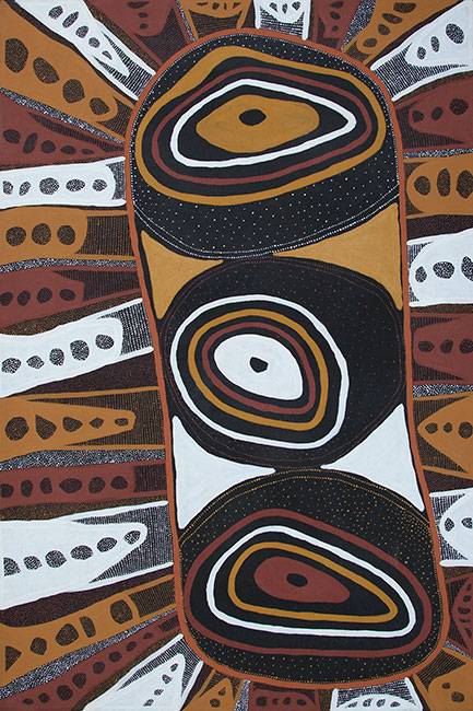 Australian Indigenous (Aboriginal and Torres Strait Islander) artwork by NINA (LUDWINA) PURUNTATAMERI of Munupi Artists. The title is Kulama Design. [13nin138] (Ochre on Linen)