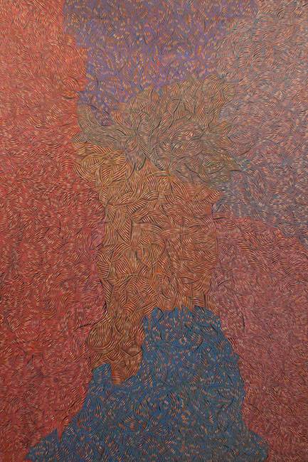 Australian Indigenous (Aboriginal and Torres Strait Islander) artwork by EVA NARGOODAH of Mangkaja Artists. The title is Kulparn Trees. [119/14] (Atelier Acrylic Paint on 14oz Canvas)