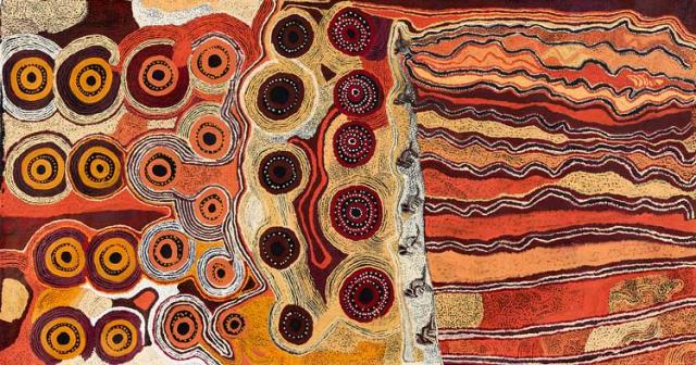 Australian Indigenous (Aboriginal and Torres Strait Islander) artwork by GINGER WIKILYIRI of Tjungu Palya Artists. The title is Kunamata. [18-131] (Synthetic Polymer on Linen)