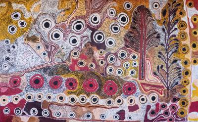 Australian Indigenous (Aboriginal and Torres Strait Islander) artwork by GINGER WIKILYIRI of Tjungu Palya Artists. The title is Kunamata. [20-076] (Synthetic Polymer Paint on Linen)