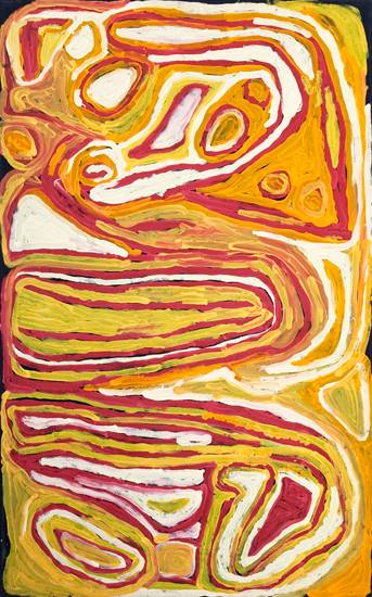 Australian Indigenous (Aboriginal and Torres Strait Islander) artwork by NORA NUNGABAR of Martumili Artists. The title is Kunawarritji. [08-59] (Acrylic on Canvas)