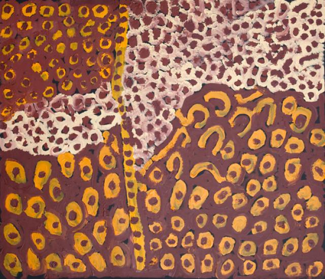 Australian Indigenous (Aboriginal and Torres Strait Islander) artwork by HARRY TJUTJUNA of Ninuku Arts. The title is Kungka Malu. [NKUHT08635] (Acrylic on Canvas)