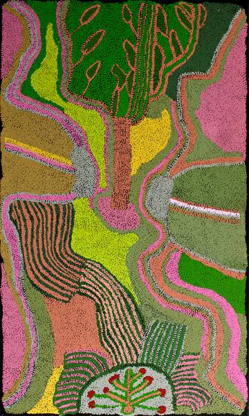 Australian Indigenous (Aboriginal and Torres Strait Islander) artwork by UNGAKINI TJANGALA of Ernabella Artists. The title is Kungkarangkalpa (Seven Sisters). [230-12] (Acrylic on Canvas)