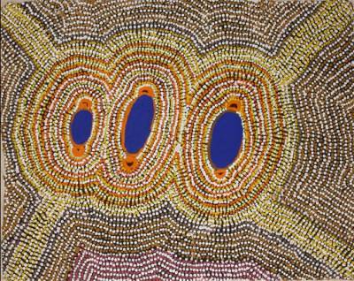 Australian Indigenous (Aboriginal and Torres Strait Islander) artwork by TILLY NAPALTJARRI of Ikuntji Artists. The title is Kungkas and Dogs at the Rockholes. [IK04TN07] (Acrylic on Canvas)