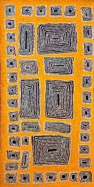 Australian Indigenous (Aboriginal and Torres Strait Islander) artwork by MORRIS GIBSON TJAPALTJARRI of Papunya Tula Artists. The title is Kurrilnga. [MG1106032] (Acrylic on Belgian Linen)