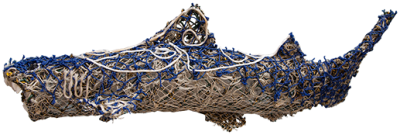 Australian Indigenous (Aboriginal and Torres Strait Islander) artwork by JIMMY KENNY THAIDAY of Erub Erwer Meta. The title is Kuskus. [16-33] (Ghost Nets & Twine over Mesh Frame)