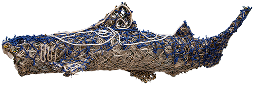 Australian Indigenous (Aboriginal and Torres Strait Islander) artwork by JIMMY KENNY THAIDAY of Erub Erwer Meta. The title is Kuskus. [16-33] (Ghost Nets & Twine over Mesh Frame)