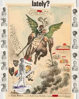 Australian Indigenous (Aboriginal and Torres Strait Islander) artwork by BROOK ANDREW of . The title is lately? (8/30). [N/A] (Four-Colour Photolithograph, with Collaged Photolithograph Elements and Hand Colour - Edition of 30)