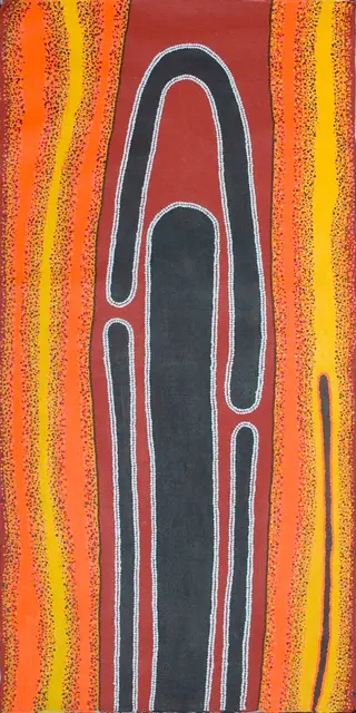 Australian Indigenous (Aboriginal and Torres Strait Islander) artwork by PAULINE SUNFLY of Warlayirti Artists (Balgo). The title is Liltjin. [125/08] (Acrylic on Linen)
