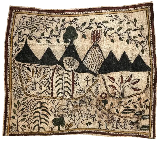 Australian Indigenous (Aboriginal and Torres Strait Islander) artwork by REX WARRIMOU (SABIO) of Omie Artists. The title is Living Brother, and Ninivo - the Bird-of-Paradise of Mount Ömie. [17-019] (Natural Pigments on Nioge (Barkcloth))