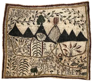 Australian Indigenous (Aboriginal and Torres Strait Islander) artwork by REX WARRIMOU (SABIO) of Omie Artists. The title is Living Brother, and Ninivo - the Bird-of-Paradise of Mount Ömie. [17-019] (Natural Pigments on Nioge (Barkcloth))