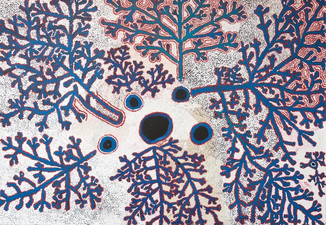 Australian Indigenous (Aboriginal and Torres Strait Islander) artwork by SIMON HOGAN of Spinifex Artists. The title is Lingka. [13249] (Acrylic on Linen)