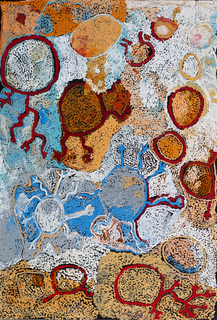 Australian Indigenous (Aboriginal and Torres Strait Islander) artwork by SIMON HOGAN of Spinifex Artists. The title is Lingka. [24-393] (Acrylic on Linen)