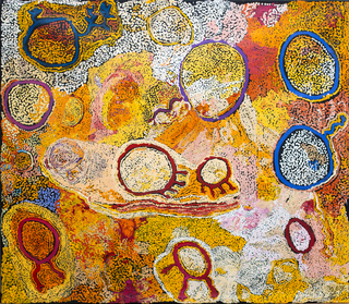 Australian Indigenous (Aboriginal and Torres Strait Islander) artwork by SIMON HOGAN of Spinifex Artists. The title is Lingka. [23-332] (Acrylic on Linen)