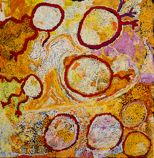 Australian Indigenous (Aboriginal and Torres Strait Islander) artwork by SIMON HOGAN of Spinifex Artists. The title is Lingka. [24-158] (Acrylic on Linen)