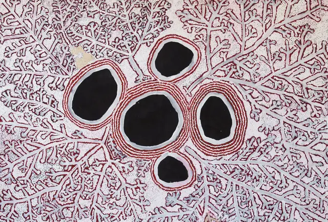 Australian Indigenous (Aboriginal and Torres Strait Islander) artwork by SIMON HOGAN of Spinifex Artists. The title is Lingka Piripi Mantapi and Tjining. [13220] (Acrylic on Linen)