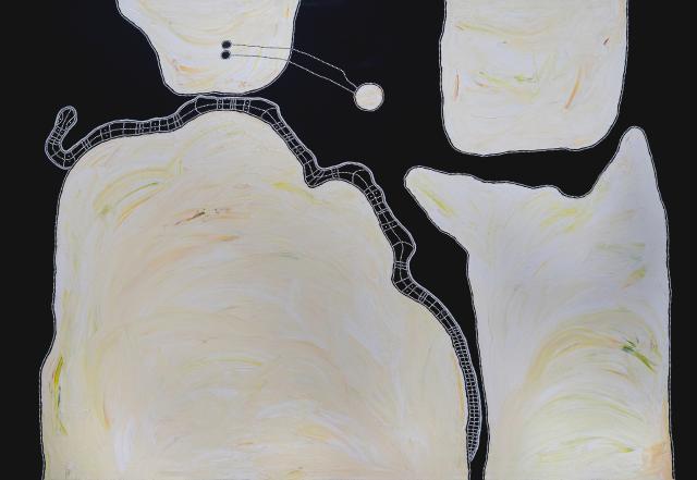 Australian Indigenous (Aboriginal and Torres Strait Islander) artwork by TIMO HOGAN of Spinifex Artists. The title is Lake Baker. [24-157] (Acrylic on Linen)