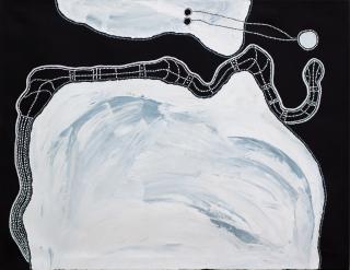 Australian Indigenous (Aboriginal and Torres Strait Islander) artwork by TIMO HOGAN of Spinifex Artists. The title is Lake Baker. [25-25] (Acrylic on Linen)