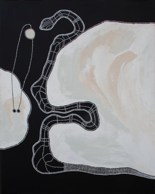 Australian Indigenous (Aboriginal and Torres Strait Islander) artwork by TIMO HOGAN of Spinifex Artists. The title is Lake Baker. [25-84] (Acrylic on Linen)