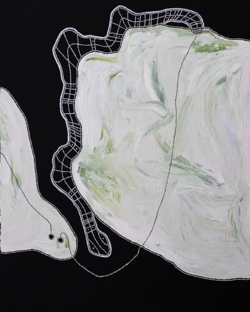 Australian Indigenous (Aboriginal and Torres Strait Islander) artwork by TIMO HOGAN of Spinifex Artists. The title is Lake Baker. [25-304] (Acrylic and Sand on Linen)