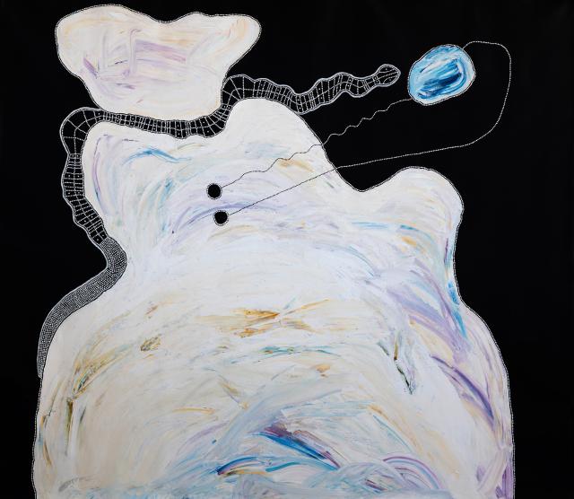 Australian Indigenous (Aboriginal and Torres Strait Islander) artwork by TIMO HOGAN of Spinifex Artists. The title is Lake Baker. [25-404] (Acrylic on Linen)