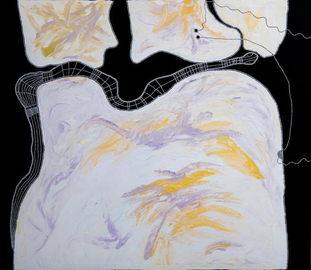 Australian Indigenous (Aboriginal and Torres Strait Islander) artwork by TIMO HOGAN of Spinifex Artists. The title is Lake Baker. [25-350] (Acrylic on Linen)