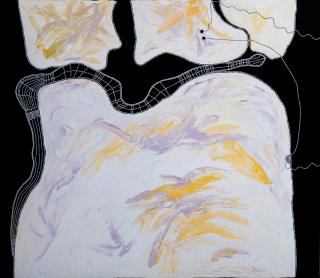 Australian Indigenous (Aboriginal and Torres Strait Islander) artwork by TIMO HOGAN of Spinifex Artists. The title is Lake Baker. [25-350] (Acrylic on Linen)