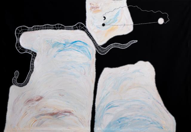 Australian Indigenous (Aboriginal and Torres Strait Islander) artwork by TIMO HOGAN of Spinifex Artists. The title is Lake Baker. [25-456] (Acrylic on Linen)