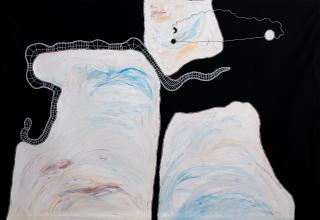 Australian Indigenous (Aboriginal and Torres Strait Islander) artwork by TIMO HOGAN of Spinifex Artists. The title is Lake Baker. [25-456] (Acrylic on Linen)