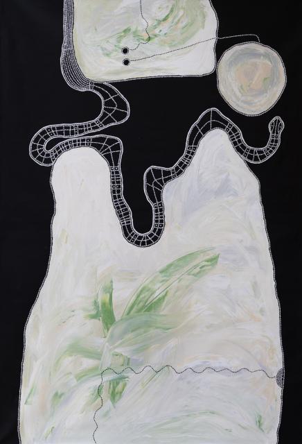 Australian Indigenous (Aboriginal and Torres Strait Islander) artwork by TIMO HOGAN of Spinifex Artists. The title is Lake Baker. [25-369] (Acrylic on Linen)