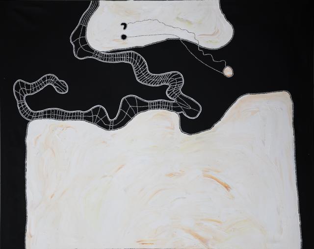 Australian Indigenous (Aboriginal and Torres Strait Islander) artwork by TIMO HOGAN of Spinifex Artists. The title is Lake Baker. [26-84] (Acrylic on Linen)