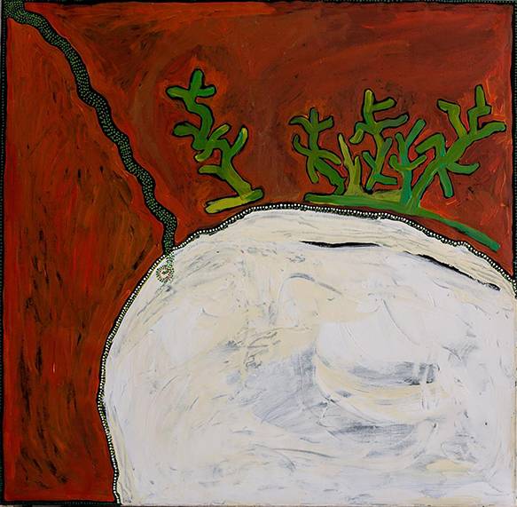 Australian Indigenous (Aboriginal and Torres Strait Islander) artwork by TIMO HOGAN of Spinifex Artists. The title is Lake Baker. [17-125] (Acrylic on Linen)