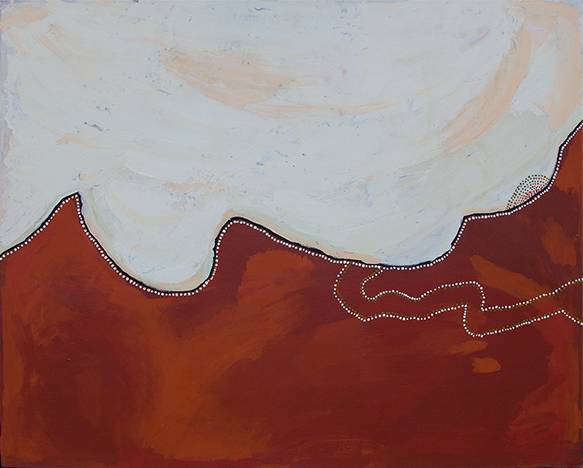 Australian Indigenous (Aboriginal and Torres Strait Islander) artwork by TIMO HOGAN of Spinifex Artists. The title is Lake Baker. [18-25] (Acrylic on Linen)