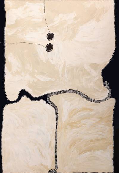 Australian Indigenous (Aboriginal and Torres Strait Islander) artwork by TIMO HOGAN of Spinifex Artists. The title is Lake Baker. [20-28] (Acrylic on Linen)