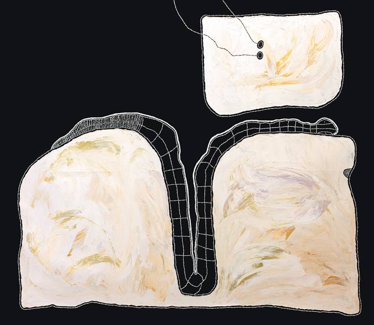 Australian Indigenous (Aboriginal and Torres Strait Islander) artwork by TIMO HOGAN of Spinifex Artists. The title is Lake Baker. [20-124] (Acrylic on Linen)