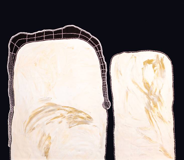 Australian Indigenous (Aboriginal and Torres Strait Islander) artwork by TIMO HOGAN of Spinifex Artists. The title is Lake Baker. [20-219] (Acrylic on Linen)