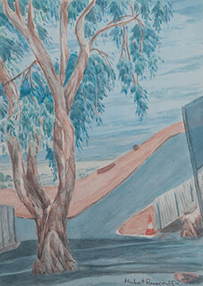 Australian Indigenous (Aboriginal and Torres Strait Islander) artwork by HUBERT PAREROULTJA of Ngurratjuta Iltja Ntjarra (Many Hands). The title is Landscapes of Coober Pedy. [48-15] (Watercolour on Saunders Board)