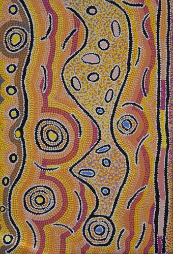 Australian Indigenous (Aboriginal and Torres Strait Islander) artwork by ALICE NAMPIJINPA HENWOOD MICHAELS of Warlukurlangu Artists (Yuendumu). The title is Lappi Lappi Jukurrpa (Lappi Lappi Dreaming). [4218/07] (Acrylic on Belgian Linen)