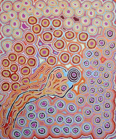 Australian Indigenous (Aboriginal and Torres Strait Islander) artwork by ALICE NAMPIJINPA HENWOOD MICHAELS of Warlukurlangu Artists (Yuendumu). The title is Lappi Lappi Jukurrpa (Lappi Lappi Dreaming). [765/12ny] (Acrylic on Belgian Linen)