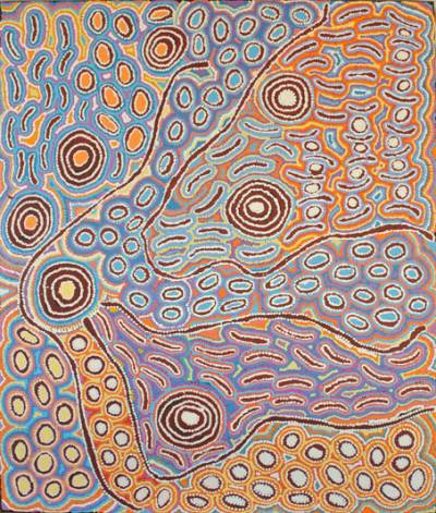 Australian Indigenous (Aboriginal and Torres Strait Islander) artwork by ALICE NAMPIJINPA HENWOOD MICHAELS of Warlukurlangu Artists (Yuendumu). The title is Lappi Lappi Jukurrpa (Lappi Lappi Dreaming). [949/12ny] (Acrylic on Belgian Linen)