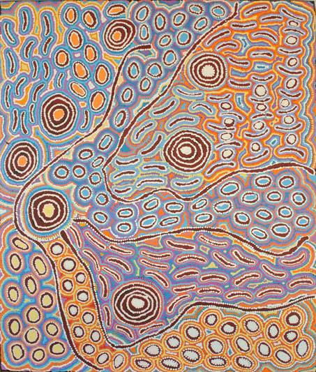 Australian Indigenous (Aboriginal and Torres Strait Islander) artwork by ALICE NAMPIJINPA HENWOOD MICHAELS of Warlukurlangu Artists (Yuendumu). The title is Lappi Lappi Jukurrpa (Lappi Lappi Dreaming). [949/12ny] (Acrylic on Belgian Linen)