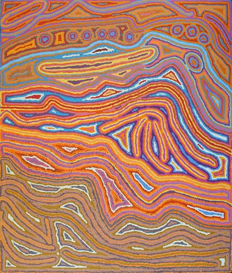Australian Indigenous (Aboriginal and Torres Strait Islander) artwork by CHRISTINE NAPANANGKA MICHAELS of Warlukurlangu Artists (Yuendumu). The title is Lappi Lappi Jukurrpa (Lappi Lappi Dreaming). [873/12ny] (Acrylic on Belgian Linen)